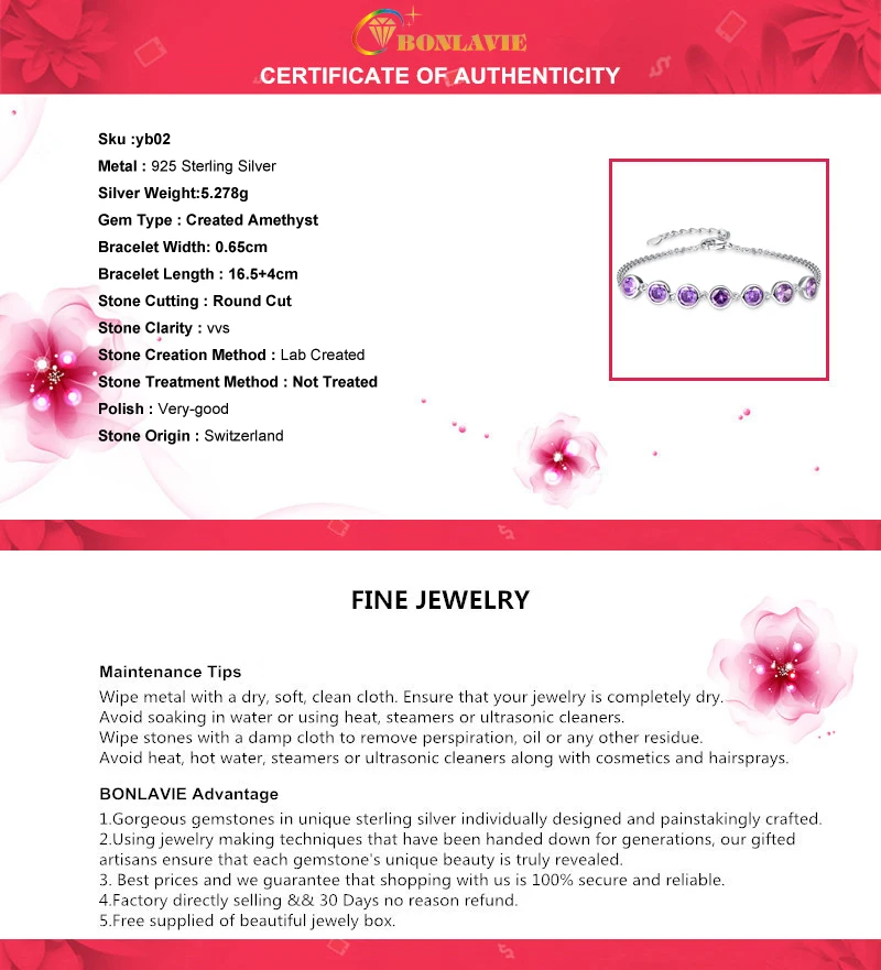 BONLAVIE Фиолетовый аметист 925 пробы Серебряный браслет для Для Женщин драгоценных камней браслеты дропшиппинг Fine Jewelry 7,99 дюйма