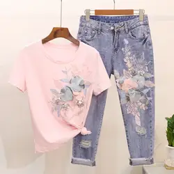 2019 летняя Женская Новая мода вышивка блестки трехмерный цветок с коротким рукавом футболка + рваные джинсы комплекты из двух предметов