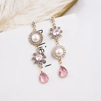 

New Asymmetry Rhinestone Flower Charm Simulated Pearl Earrings for Women Long Water Drop Crystal Dangle Earring Jewelry 6A3001