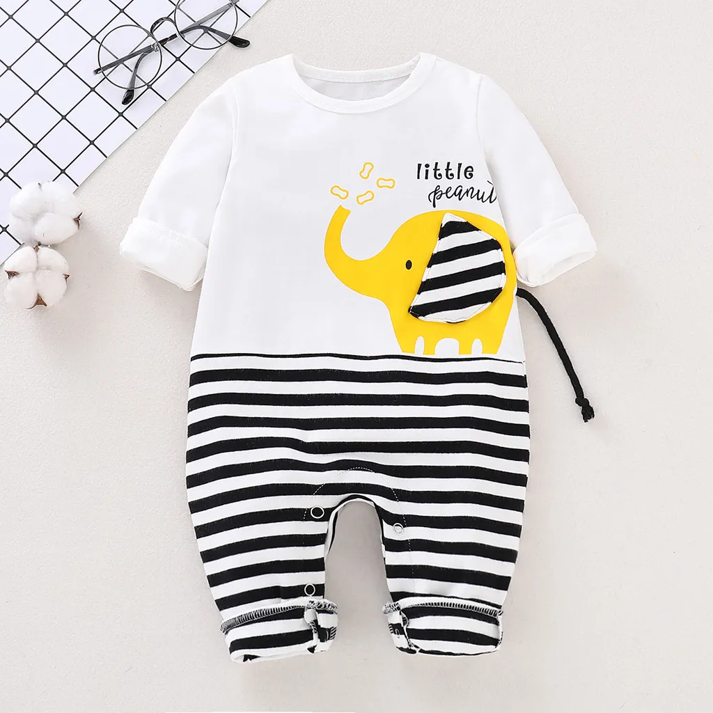 

Newborn Baby Boy Girl Cartoon Elephant Striped Romper Jumpsuit Clothes Outfits