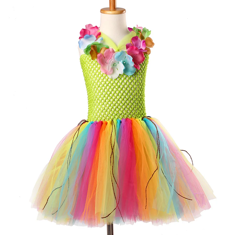 Girls Hawaiian Grass Hula Tutu Dress with Flower Garland Necklace Kids (14)