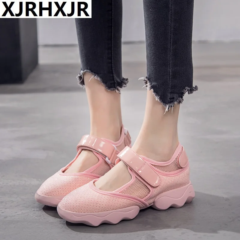 

XJRHXJR Women casual shoes platform wedge shoes sneakers shiny breathable mesh net hook travel shoes women fashion sneakers