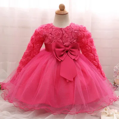 Rose С длинными рукавами платье для крещения на крестины для маленьких девочек теплая одежда новорожденных подарок От 1 до 2 лет на день рождения Smash торт наряды - Цвет: Rose