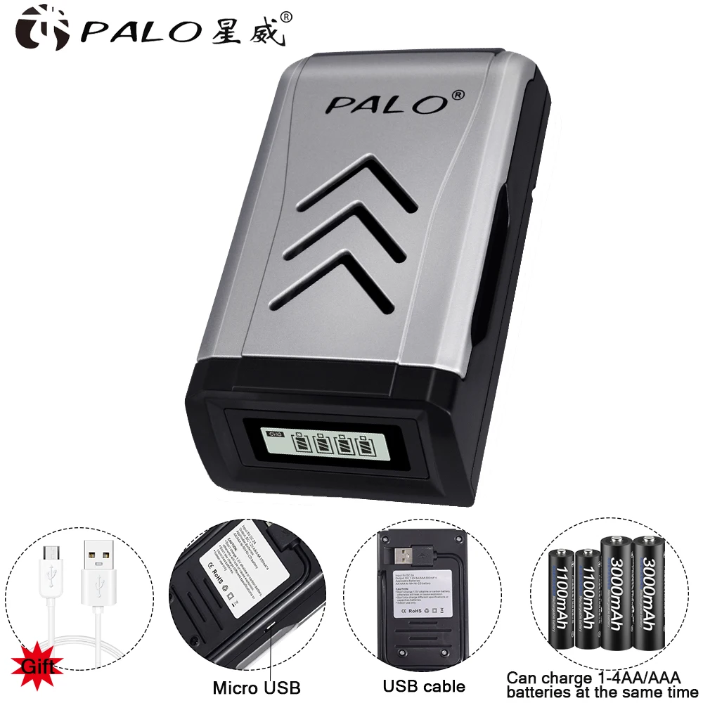 PALO AA AAA умное зарядное устройство ЖК-дисплей USB вход для AA/AAA NiMh NiCd аккумуляторная батарея быстрое USB интеллектуальное зарядное устройство