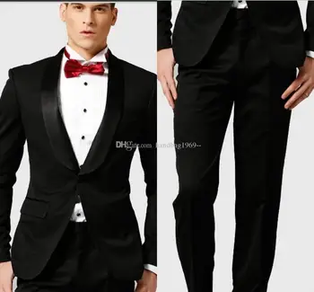 

Groom Tuxedos One Button Black Shawl Lapel Best Man Groomsmen Mens Wedding Suits Bridegroom (Jacket+Pants+Bow Tie)