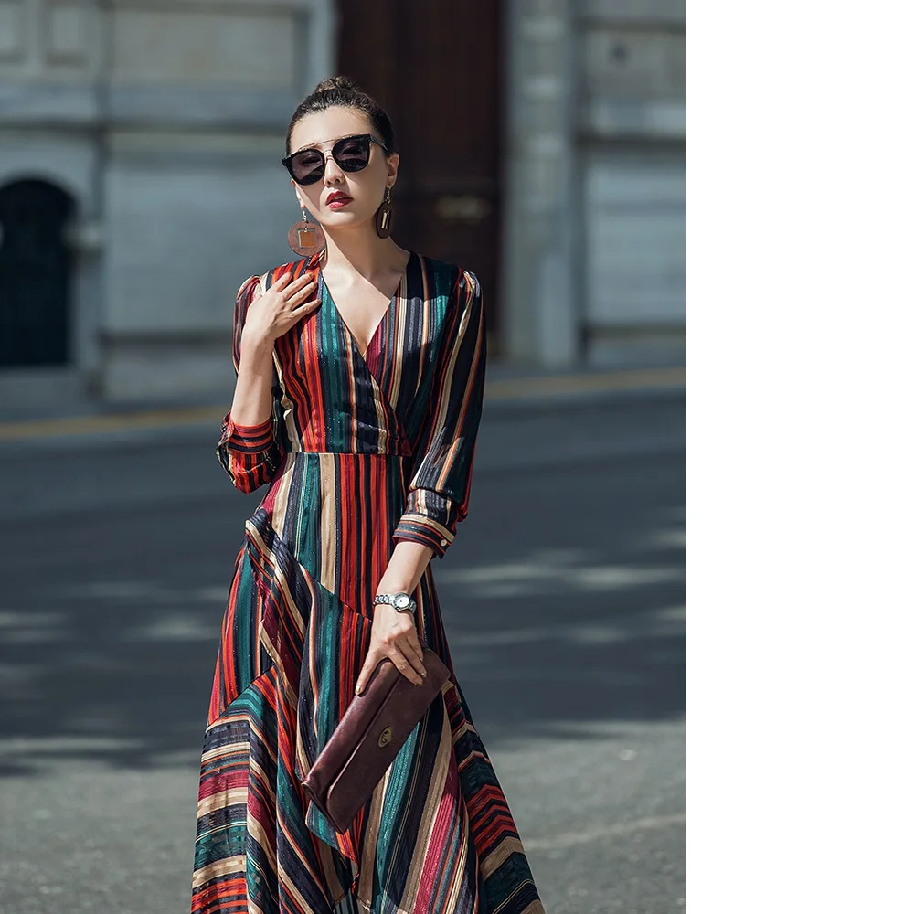 2018 Autumn Casual Long Dress Women V-Neck Cute Rainbow Color Striped Print Asymmetrical Long Sleeve Maxi Dress Lady Streetwear Dresses
