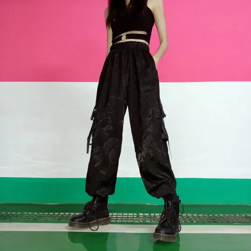 Neploe, винтажные штаны в китайском стиле, штаны-шаровары с рисунком дракона, женская и мужская повседневная одежда, модные штаны в стиле хип-хоп, уличная одежда 52495 - Цвет: Черный
