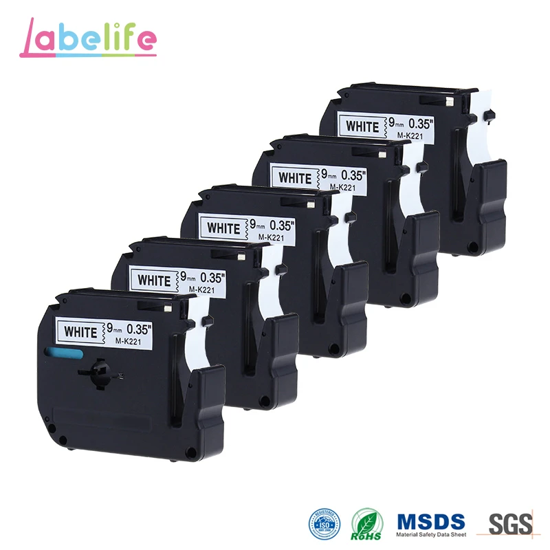 Labelife 5 Pack M221 M-K221 MK221 M Pita Hitam Putih untuk Brother P Sentuh Label Pembuat PT-90 PT-M95 PT-70BM PT-70 PT-65 PT-85