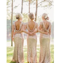Champagne Scoop Sequined Floor Length Bridesmaids Dress Short Sleeves In Stock Fast Shipping vestido de noiva Women Dress