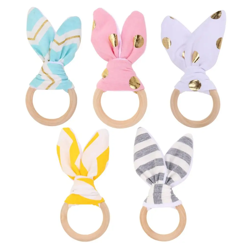 

Baby Boy Bunny Ear Teether - Safe Organic Wood Teething Ring, Fish, Plaid, Color Choice, Shower Gift
