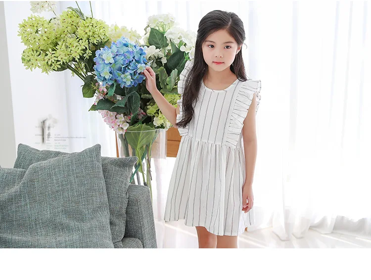 Yeediosn Summer Beach Kids Dresses For Girls Cotton Striped Girls Princess Dress Sleeveless Ruffles Children White Girl Costume (7)
