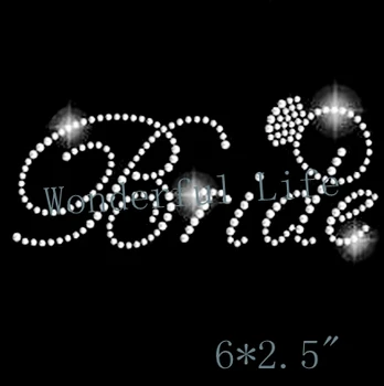 

New product free shipping white crystal bride words with ring hot fix rhinestonemotif transfer design image