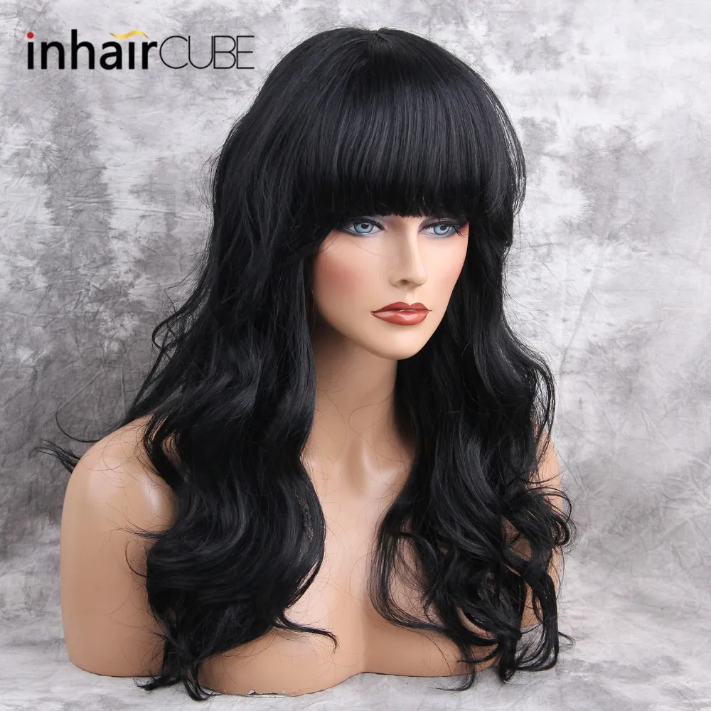 ESIN 26 Inch Long Blend Natural Hair Wig Long Body Wave Black Wigs with Bangs for White Women Imitation Top Wigs 4 Colors ESIN 26 Inch Long Blend Natural Hair Wig Long Body Wave Black Wigs with Bangs for White Women Imitation Top Wigs 4 Colors