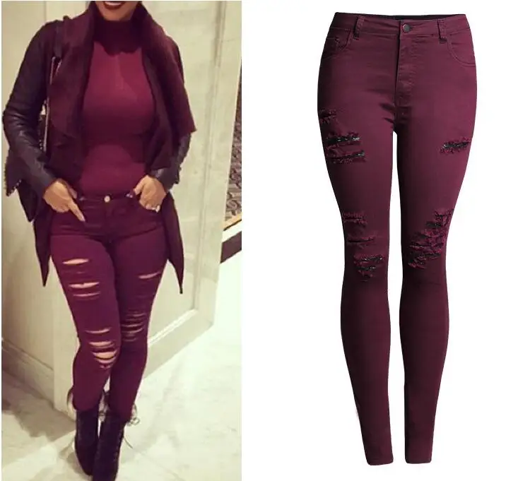 

catonATOZ 2056 New Arrival Woman Burgundy High Waist Denim Pencil Pants Jeans Ripped Stretch Skinny Jeans For Women