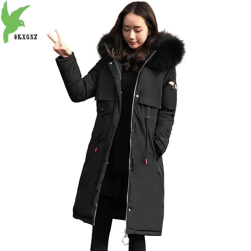 

Plus size 5XL Women Winter Jackets Down cotton Parkas Thick Warm Cotton Coats Embroidery Hooded Parkas 100KG can wear OKXGNZ1398