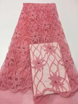

High Quality African Lace Fabric With Gold Sequins Tissu Indian Wedding Dress Fabric French beads Mesh Tulle Lace Material pink