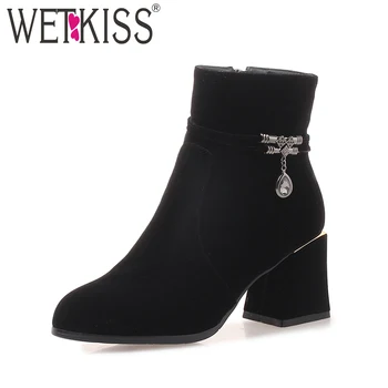 

WETKISS Winter High Heels Ankle Women Boots Crystal Round Toe Flock Short Plush Footwear Female Bootie Casual Shoes Women 2018