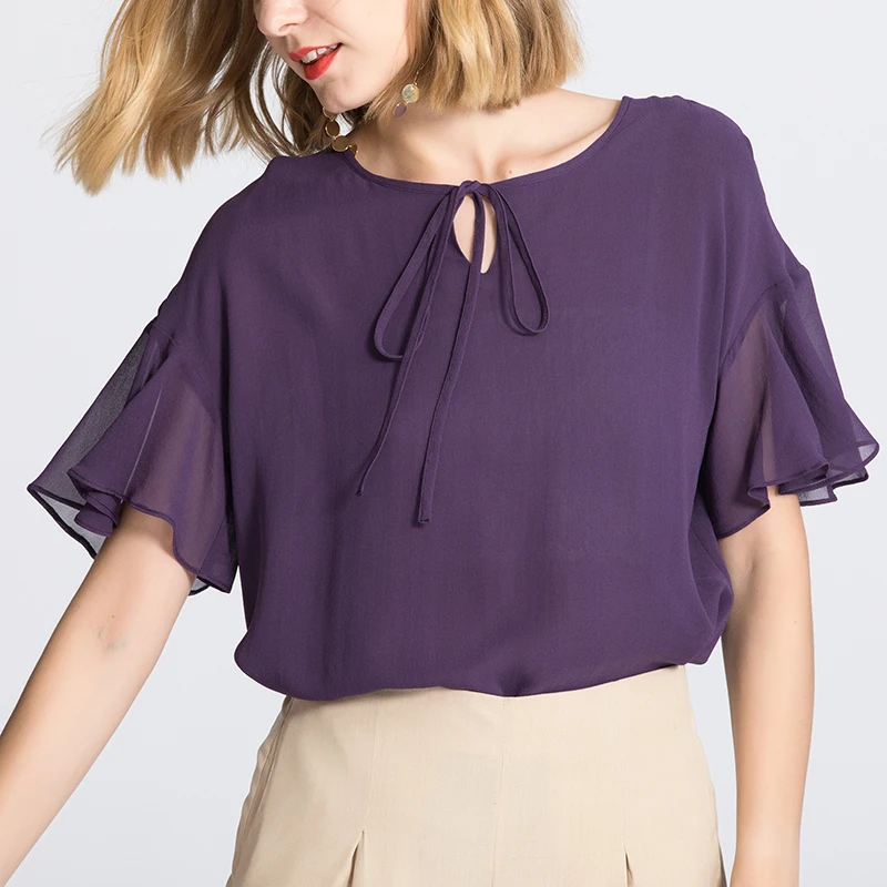  Women Summer Blouese 100% REAL SILK Georgette Purple Blouse Short Bat Sleeved Office Lady Shirt 201
