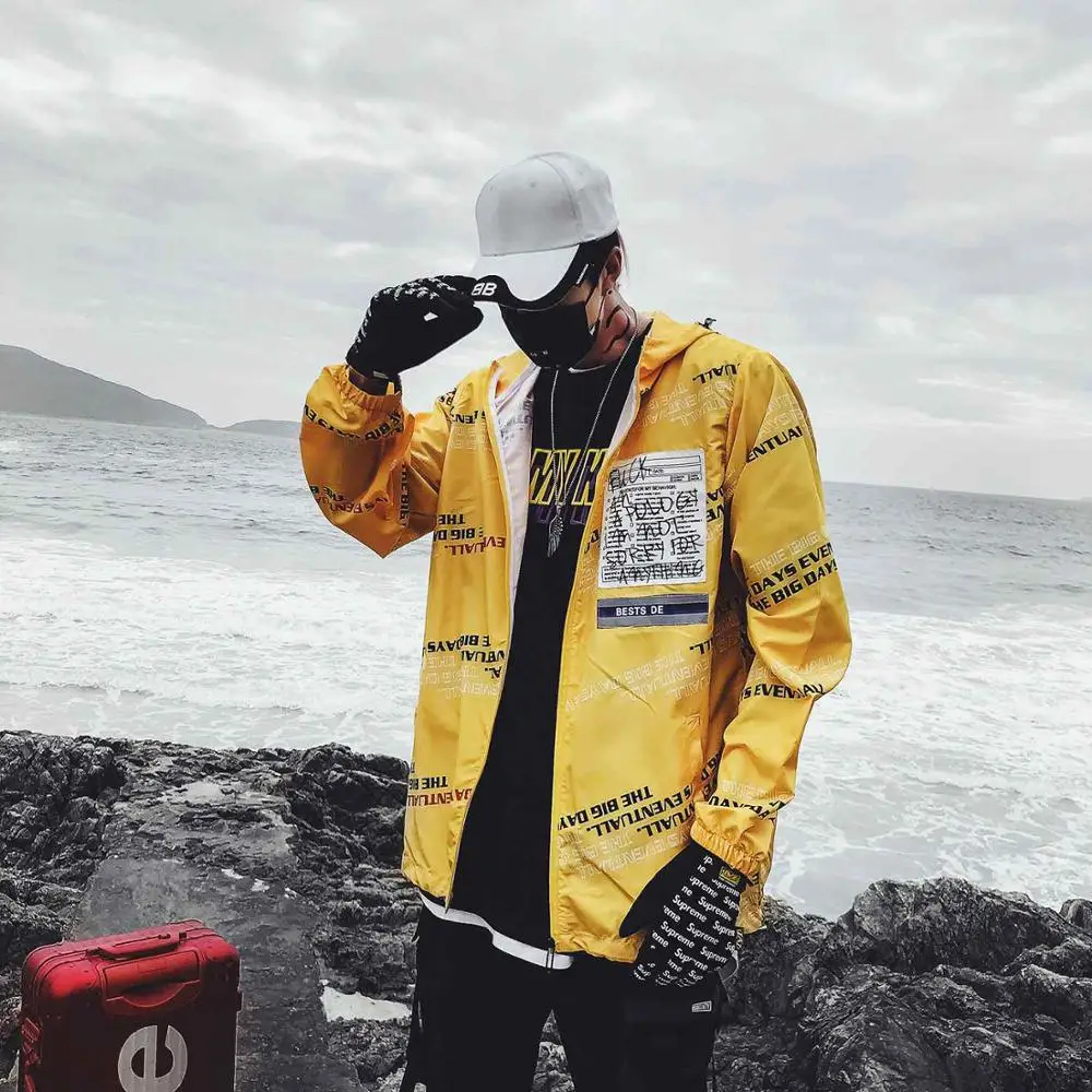 Трендовые мужские летние ветровки с капюшоном водонепроницаемые солнцезащитные ультралегкие повседневные модные тонкие куртки в стиле хип-хоп Harajuku - Color: Yellow