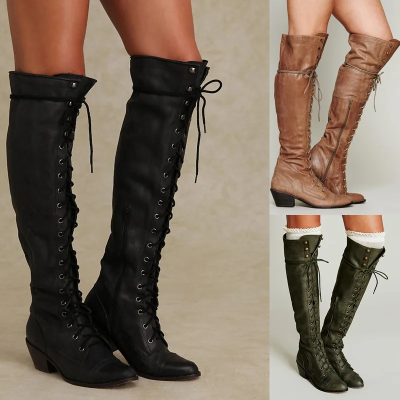 

Riband Metal Decoration Women Cowboy Boots Round Toe Square Heel Gothic Long Boots Mid-Calf Low Winter Shoes