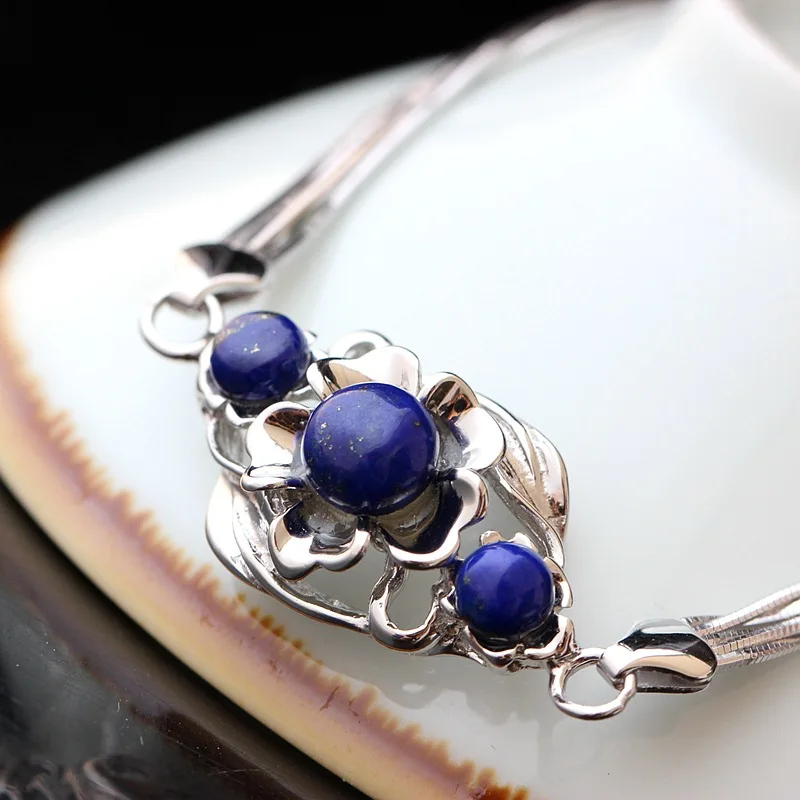 

Vintage Thai Silver Wholesale Women Hypoallergenic S925 Sterling Silver Bracelet Handmade Natural Lapis Lazuli Bracelet