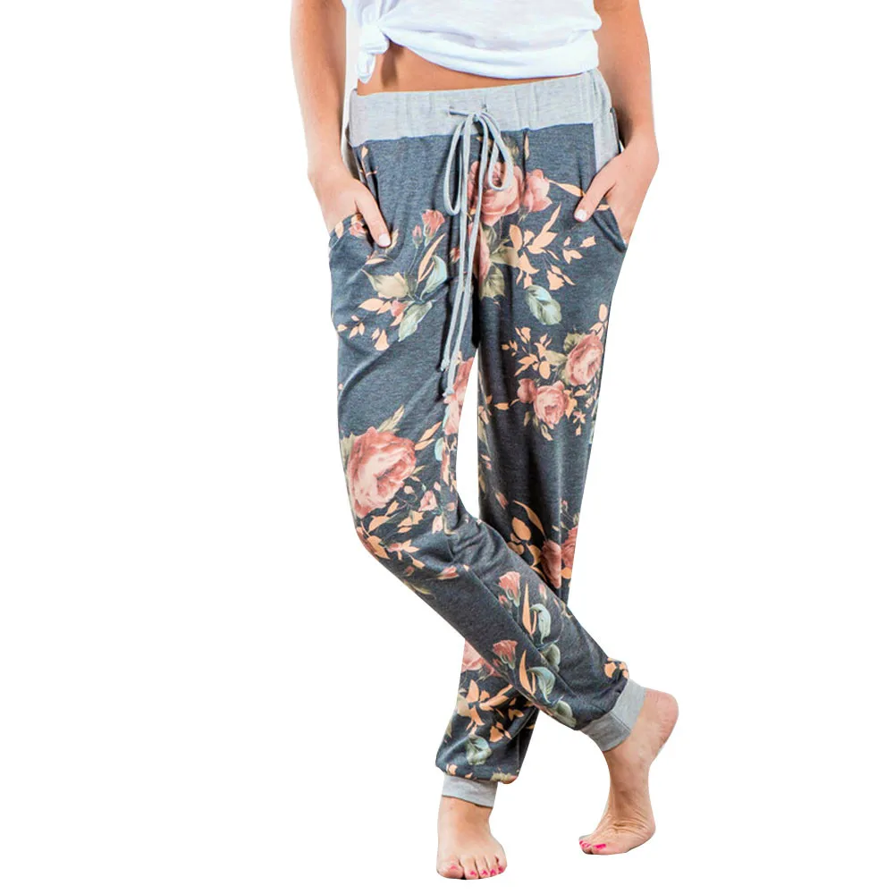 

2017 Trousers Women Pocket Floral Print Drawstring Mid Waist Casual Pantacourt Harem Pants Pantalon Femme Mujer