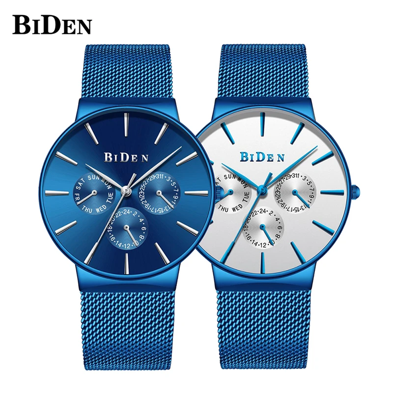 Unique Royal Blue Mens Watch Top Luxury BIDEN Iron Net Web Mesh Bracelet Watch Men Clock 4