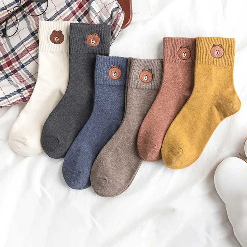 

Fashion Women Socks Cotton Kawaii Embroidered Bear Socks Halajuku Animal Funny Socks Female High Crew Warm Sock Casual