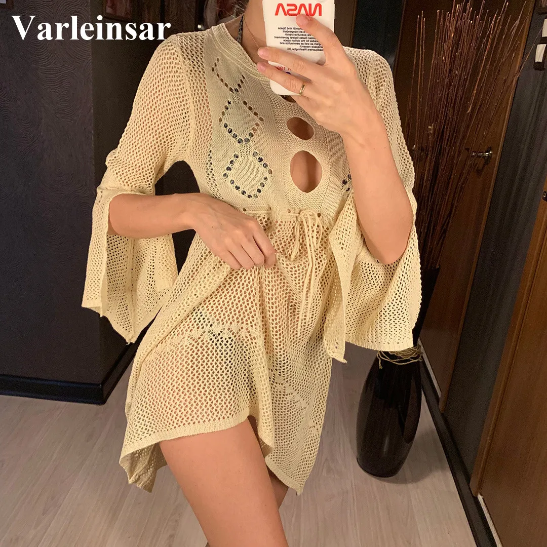 

NEW 2019 Crochet White Knitted Beach Cover up dress Tunic Long Pareos Bikinis Cover ups Swim Cover up Robe Plage Beachwear V1323