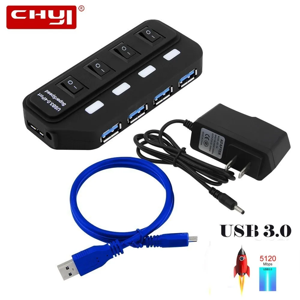 

CHYI 4 Port Usb 3.0 Hub Multi In One Combo Mini Usb3.0 Splitter With AU/EU/US/UK Power Adapter Charger High Speed PC Accessories