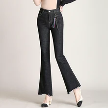 Весна-осень офисные женские туфли из хлопчатобумажной пряжи платья большых размеров стильные женские штаны для девочек стретчевые расклешенные брюки, джинсовая одежда 79232