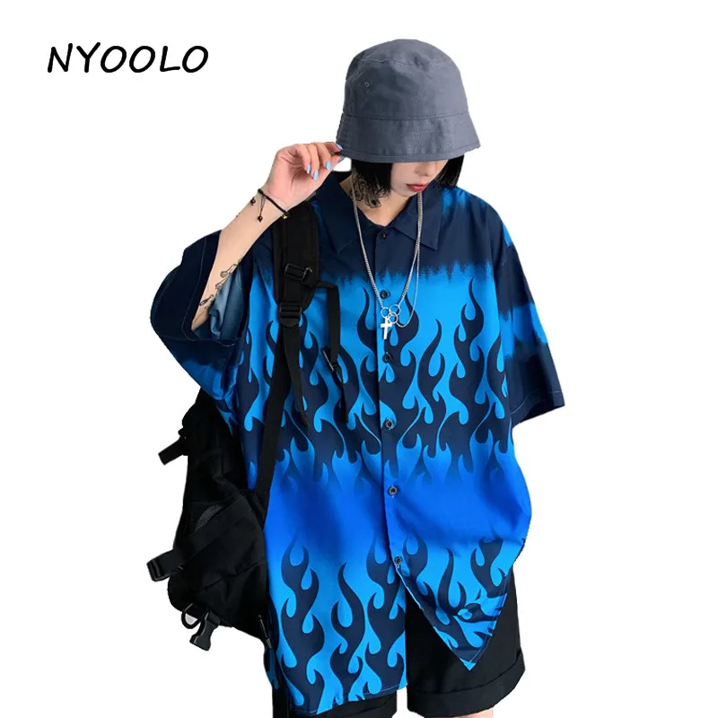 NYOOLO Харадзюку стиль голубое пламя Свободная рубашка бойфренда летняя уличная рубашка с коротким рукавом кардиган рубашка Женская Мужская одежда Топ - Цвет: Синий