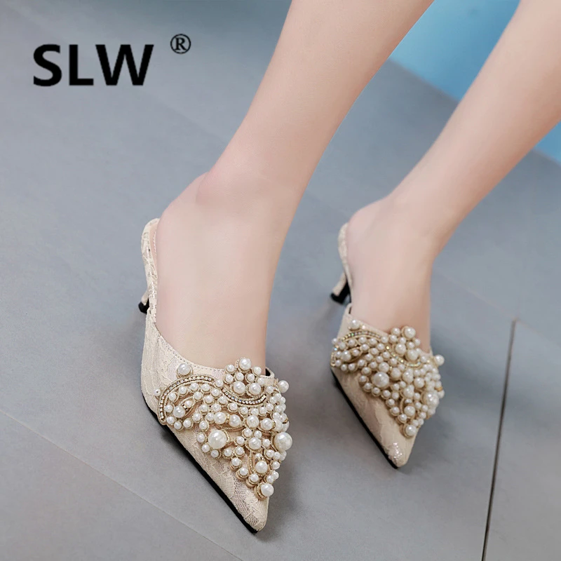 

closed toe women Pointed Toe Hoof Heels Shallow High Flat summer Slides Slip-On slipper pearl Lace Crystal mules loafer woman