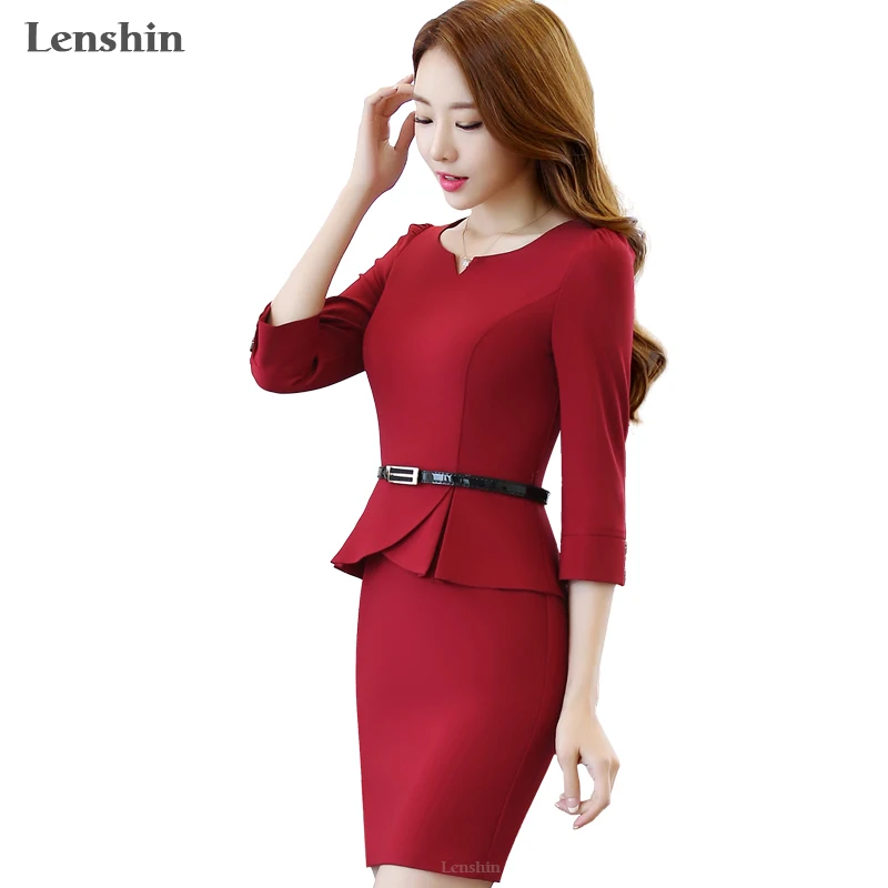 

Sweetheart Neckline Women Slim Office Lady Red Half Sleeve Dress Career Apparel Work Wear Chinese Summer Style Without Lining