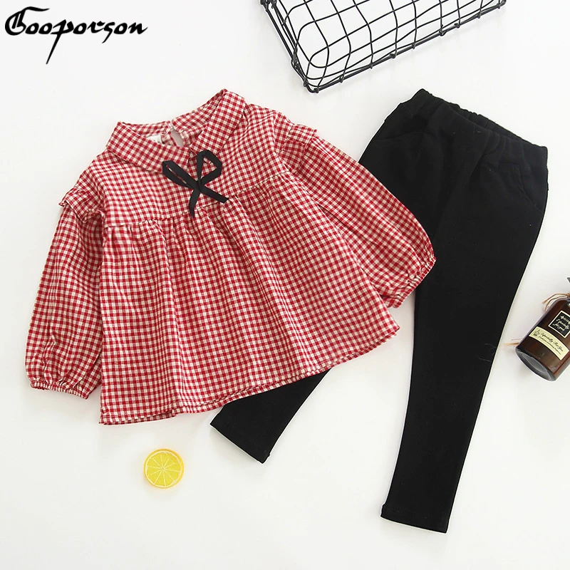 

Fashion Girls Clothes Set Plaid Bouse Shirt and Black Pants Cute 2 Pcs Children Clothing Set Spring Outfits New Brand Sets
