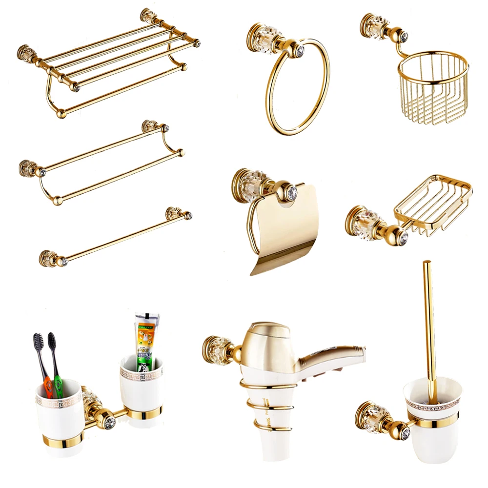 Preise Luxus Gold Kristall Badezimmer Zubehör Set Messing Europäischen Bad Hardware Set Zahnbürste Halter Metall Dusche Rack Korb