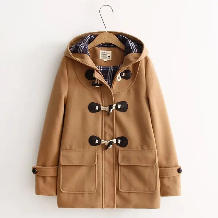 

Japanese Style Mori Girl Hooded Outwear 2018 Autumn Winter Women Vintage Long Sleeve Horn Button Woolen Cotton Padded Coat