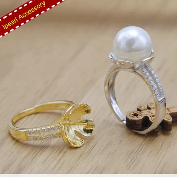 

Flower Pearl Rings Settings S925 Sterling Silver Pearl Rings Holder Silver&Gold Plated With Micro Zircon Accessory 3pcs/lot