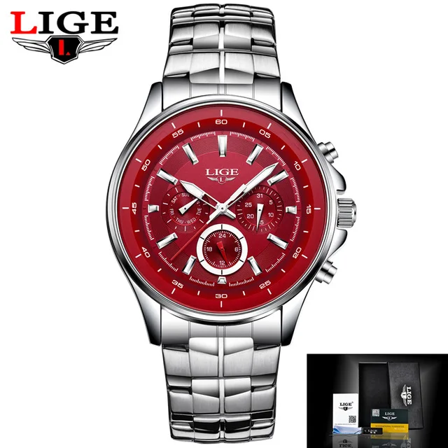 Топ бренд класса люкс LIGE часы для мужчин Бизнес водонепроницаемые часы для мужчин s часы Модные Повседневные Спортивные кварцевые наручные часы Relogio Masculino - Цвет: red steel