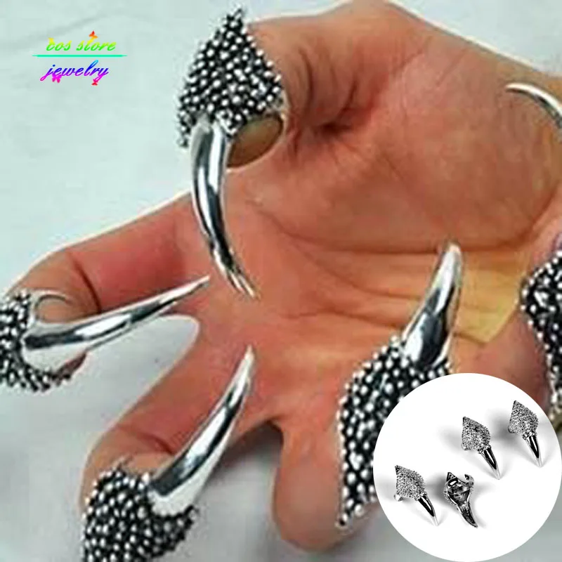 

2018 New Punk Vintage Anti-Silver Plated Rhinestones Dargon Claws Adjustable Nail Rings For Women Nail Armor Men Ring Jewelry