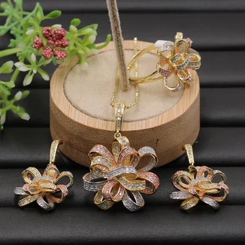 

Lanyika Jewelry Set Exaggerated Graceful Ribbon Flower Micro Plated Necklace with Earrings and Ring for Engagement Popular Gifts