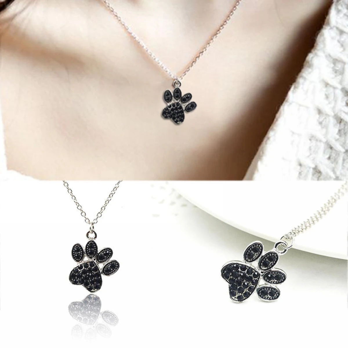 Fashion Rhinestone Chain Necklace Vintage Crystal  Dog Cat Paw Footprint Necklaces & Pendants For Women Jewelry Gift