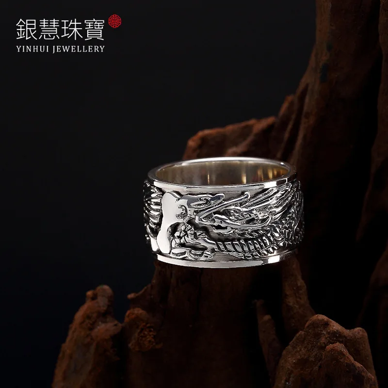 

S925 Pure Silver Personality Hype Surrounding Rock Thai Silver Embossing Rotation Panlong Wholesale Men's Ring Ring