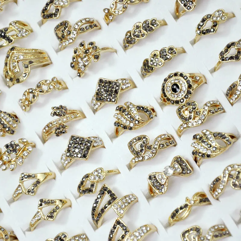 

50Pcs Fashion Full Crystal Rhinestone Golden Women Ring Mixed lots female anel Jewelry Lots Top quality Free Shipping LR4053