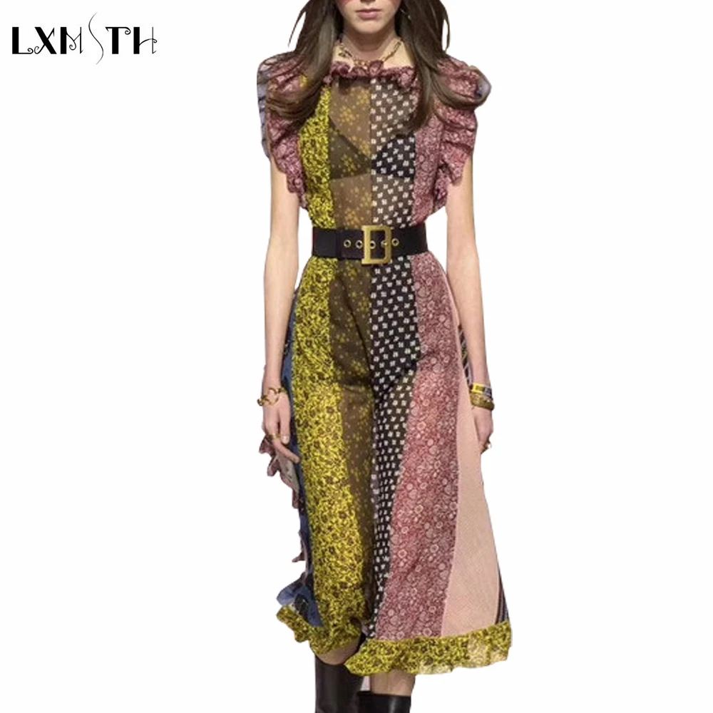

Designer Dresses Runway 2019 High Quality Spring Summer Fashion Boho Beach New Style Vintage Elegant Patchwork Chiffon Dresses