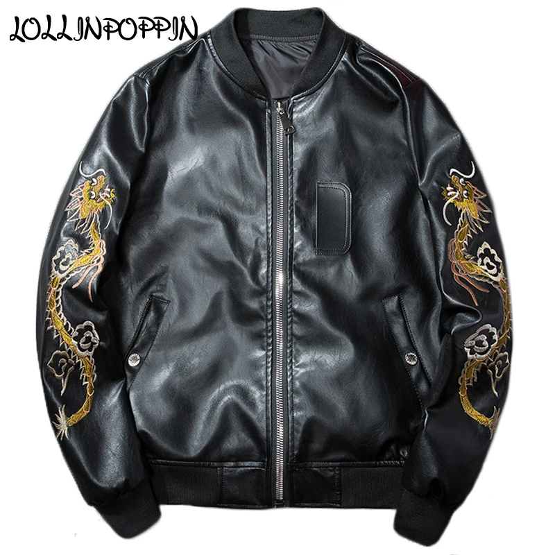 Men Faux Leather Black Jacket Dragons & Eagle Embroidery Mens Stand Collar PU Bomber Jacket Letters Baseball Jackets