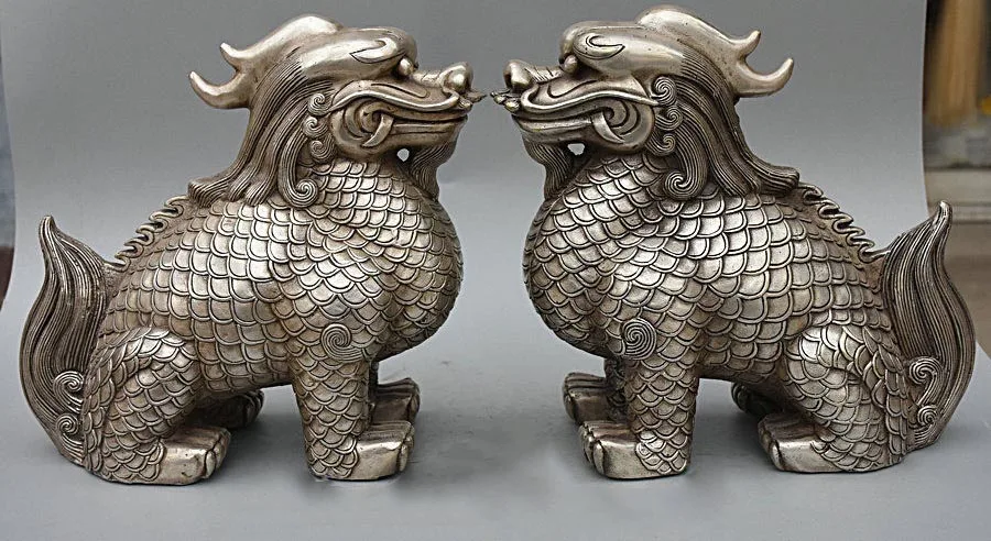 

10" Marked Chinese Feng shui Silver Evil Dragon Kylin Unicorn Beast Statue Pair
