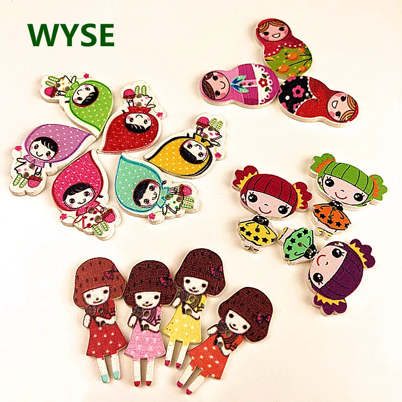 

50 PCS Matryoshka Girl Sewing wooden buttons 2 Holes Mixed colorful Animal Wood Button For Scrapbooking Decor clothes sewing DIY