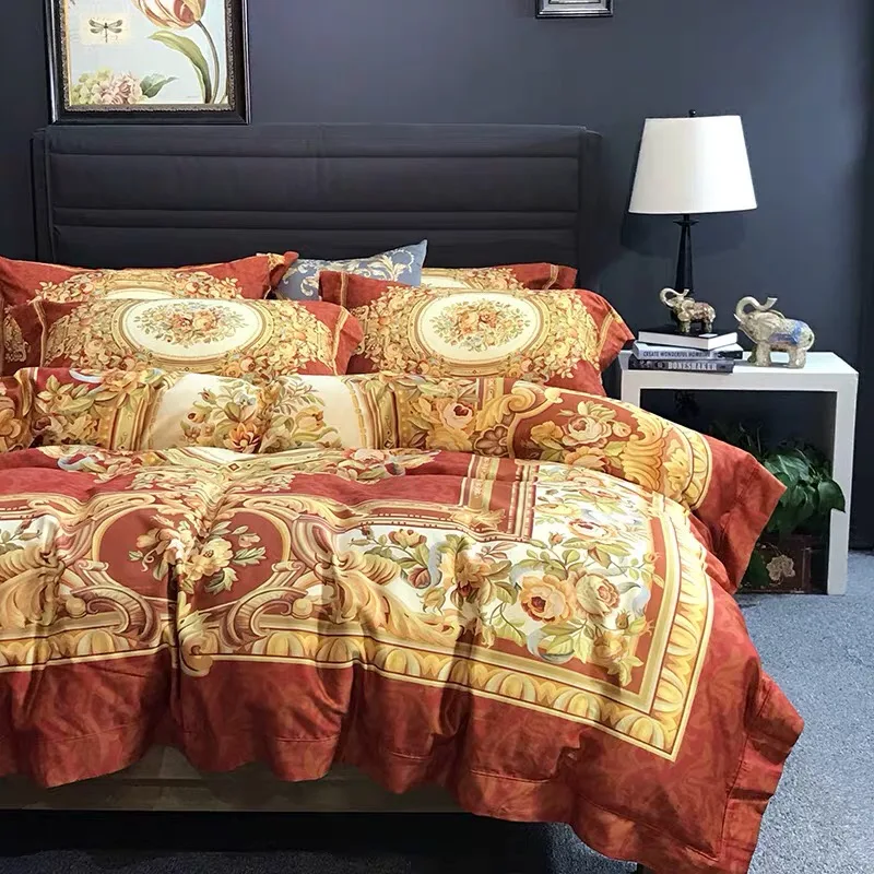Высокого класса хлопок Роскошный Королевский европа италия барокко Дизайн печатных рыцарь король королева размер 3D Марка Золотая вилла Свадебные постельные принадлежности