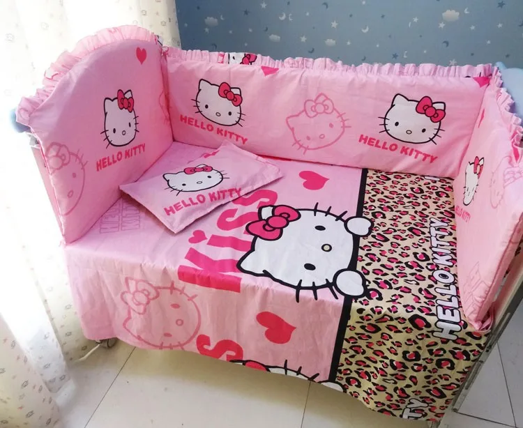 Promotion 6PCS Hello Kitty Baby Crib bumpers for cot Cotton Fabrics Crib Baby Bedding Sets include